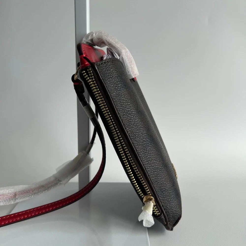 Coach North South Phone Crossbody Walnut Red Signature Canvas C6884 Like New
